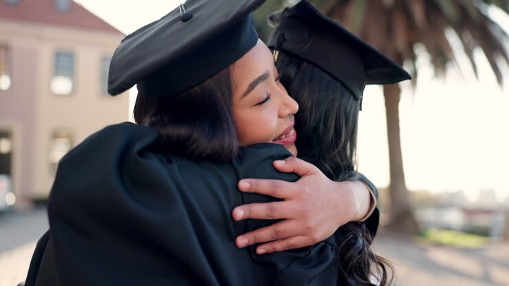 Donna felice, amici e abbraccio alla laurea