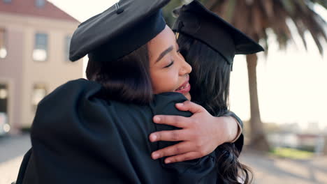 Mujer-Feliz,-Amigos-Y-Abrazo-En-Graduación