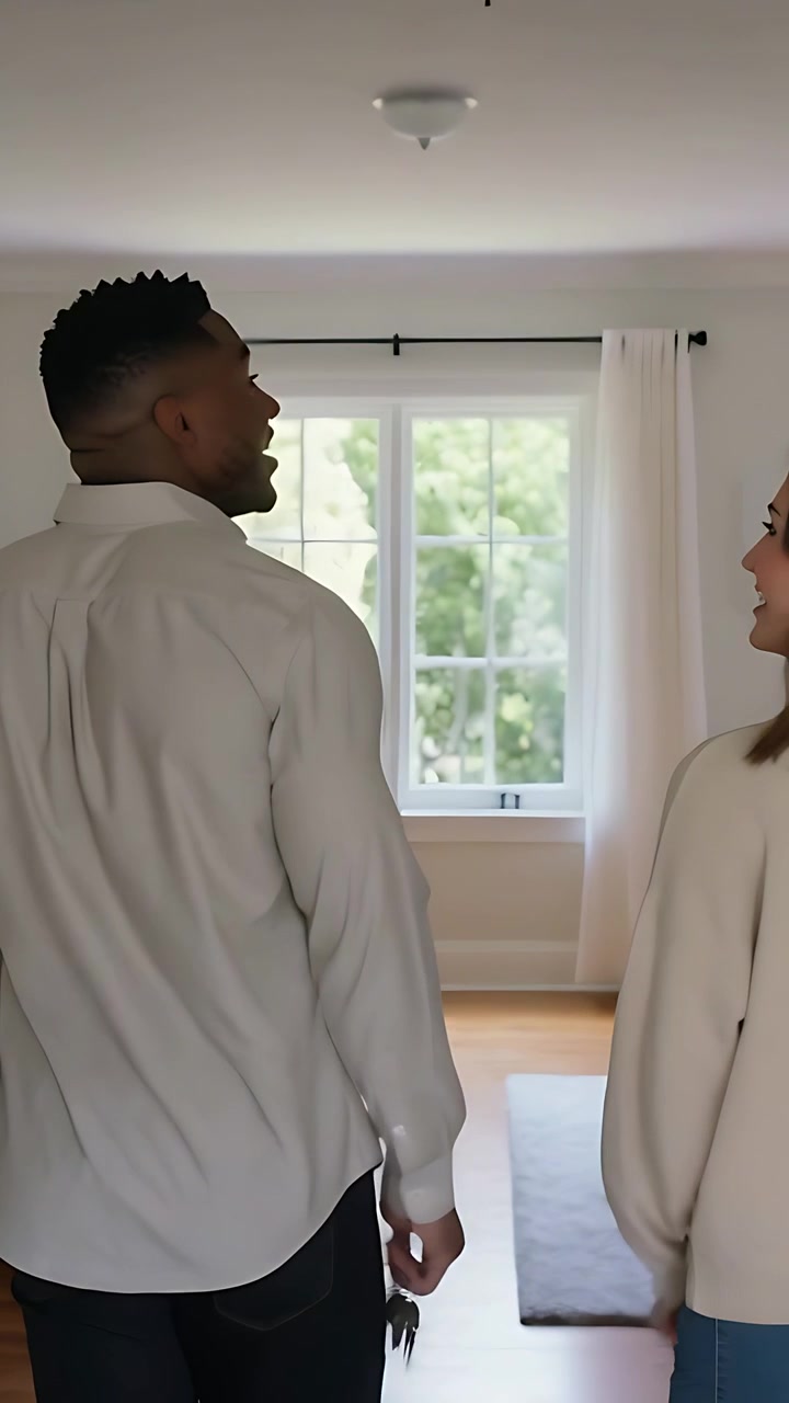 Vidéo verticale : Homme en chemise blanche guidant une femme dans une pièce lumineuse, tenant des clés, visitant une maison.