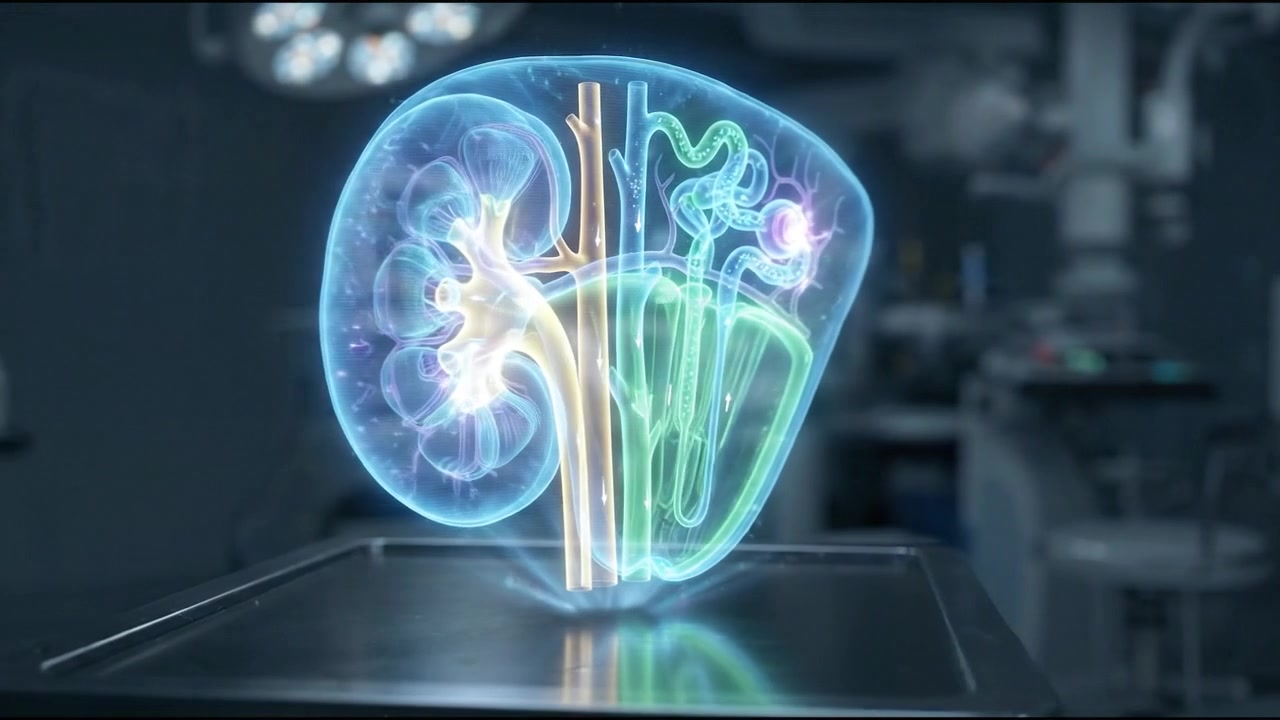 Transparent luminous kidneys connected to branching renal blood vessels