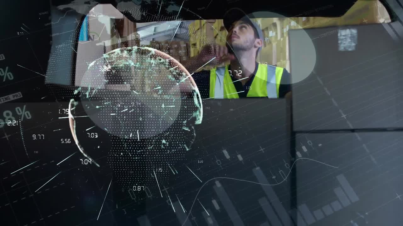 animación del globo de conexiones y estadísticas sobre el repartidor con cajas de cartón