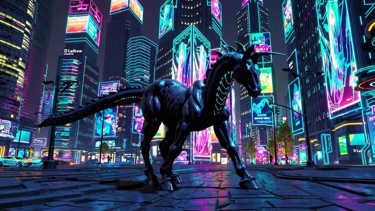 Cyberpunk Dragon Horse in a Neon City at Night