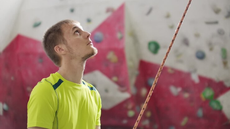 Ritratto di un bell'uomo arrampicatore che assicura un altro scalatore con la corda. All'interno, parete da arrampicata artificiale e attrezzatura