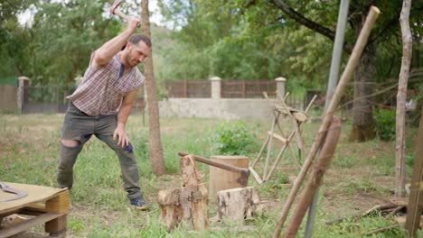 man chopping wood with an axe outdoors
