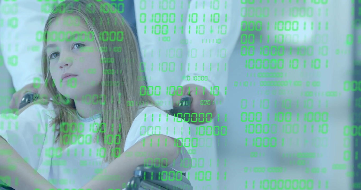 Doctor fine-tuning wheelchair and activating green binary code overlay during healthcare assessment