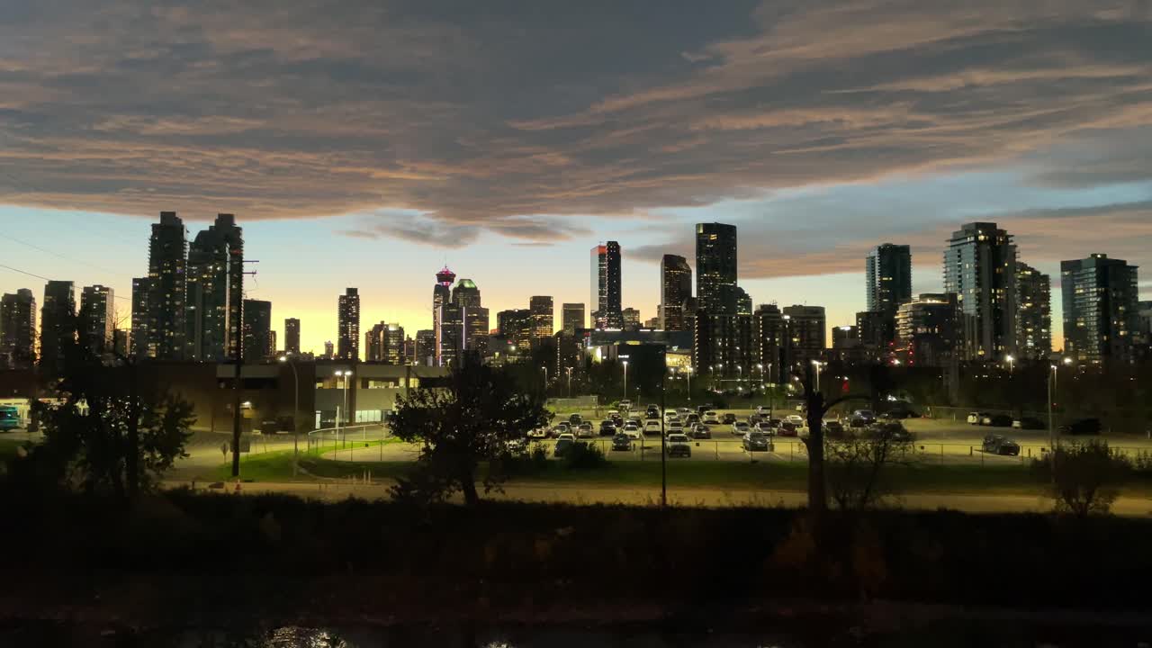 City skyscrapers and parking lot, wide, Calgary, Alberta, Canada