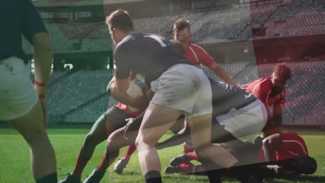 playing rugby intensely, players on green field at stadium in animation