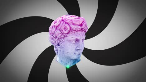 animation of antique head sculpture over black and white stripes spinning background