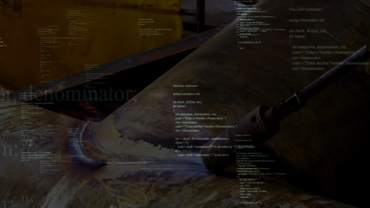 Welder operating welding torch on metal pipe in fabrication shop, showing floating code fragments
