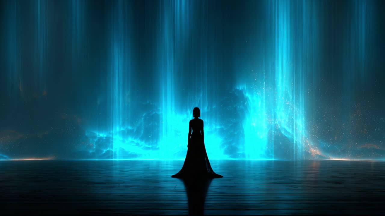An ethereal figure stands silhouetted against a mesmerizing cascade of vibrant blue lights, creating a dreamlike atmosphere that pulsates with mystical energy and surreal beauty