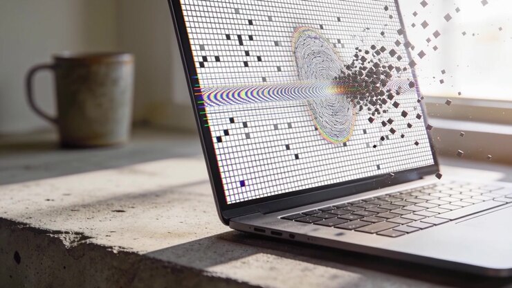 Viser en bærbar skærm, der udvikler en fejl til højre og kaster regnbuefarvede pixels ud på et betonbord ved vinduet