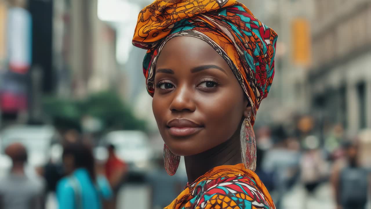 Young Black woman confidently walking through bustling city street, wearing vibrant traditional African attire, embodying urban elegance and cultural pride