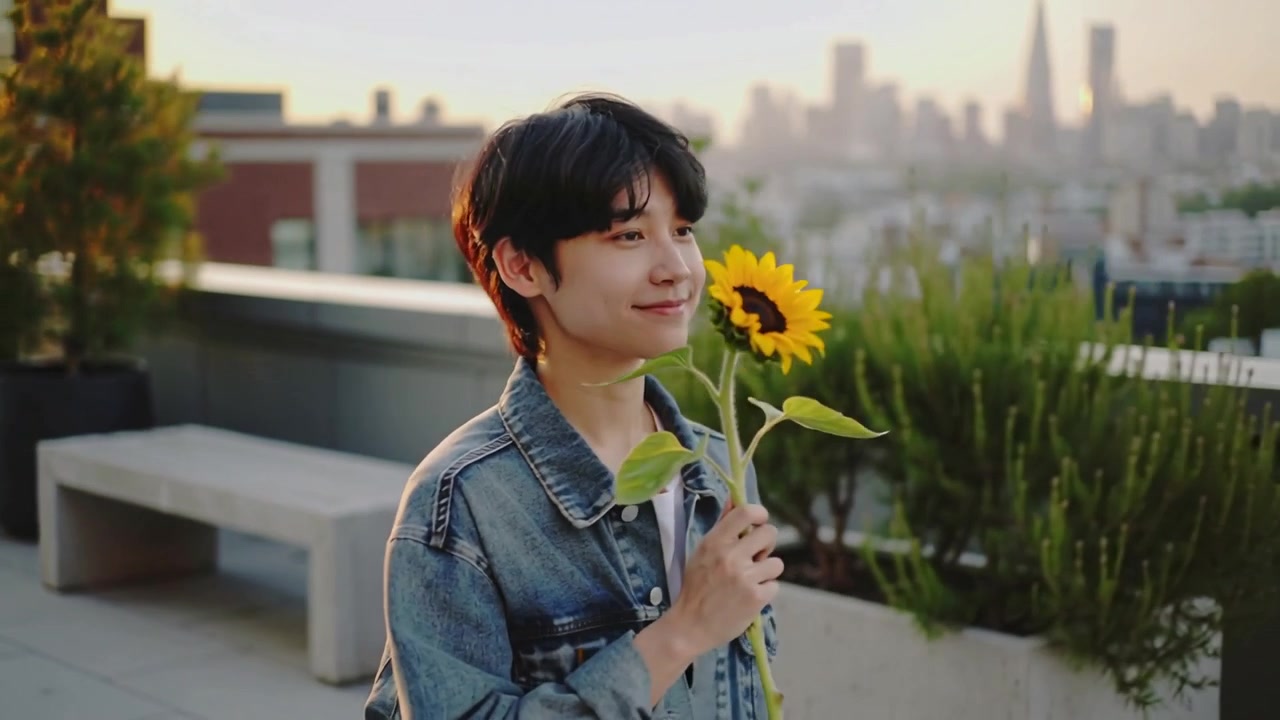 Uomo adulto sorridente con giacca di jeans che solleva un girasole verso il viso su un tetto, con il sole dorato che riscalda