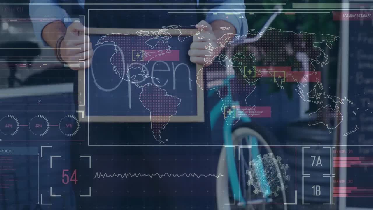 animación de un mapa del mundo sobre un hombre caucásico de pie en una calle sosteniendo un cartel abierto