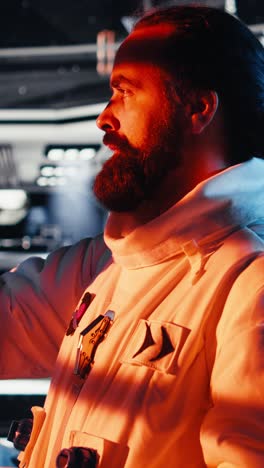 vertical video astronaut reviewing onboard analytics on laptop before stepping out of station