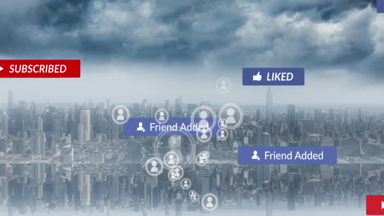 도시 풍경 위에 떨어지는 소셜 미디어 아이콘과 이모티콘의 애니메이션