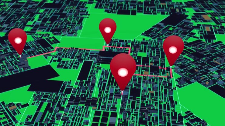 Neon grid map on first pin, drawing red route linking pins, camera tilting for routing, transparent