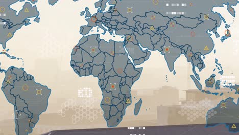 animation of financial data processing and world map over cityscape