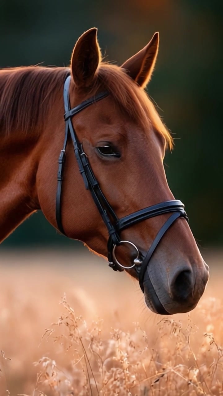 Un maestoso cavallo marrone dai lineamenti eleganti in piedi in un prato circondato da erbe dorate, catturato nella luce soffusa del primo mattino o del tardo pomeriggio.