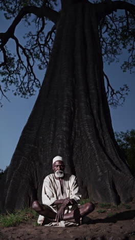 elder sitting under a large tree at night