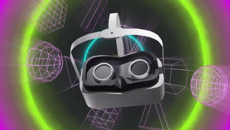 animation of vr headset over 3d shapes and light trails