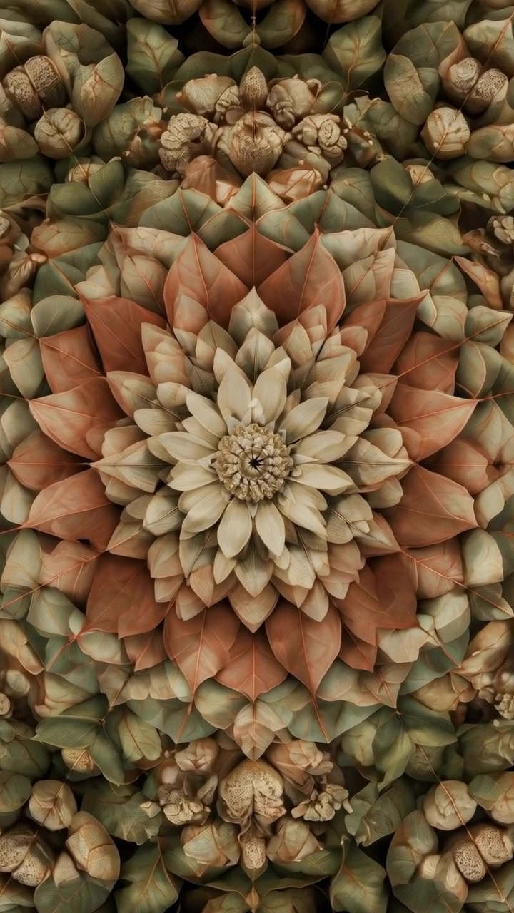 Central flowerlike form moves closer as overlapping pointed leaves and seedlike textures fill the frame, creating dense organic geometry in soft earthy tones and balanced symmetry.