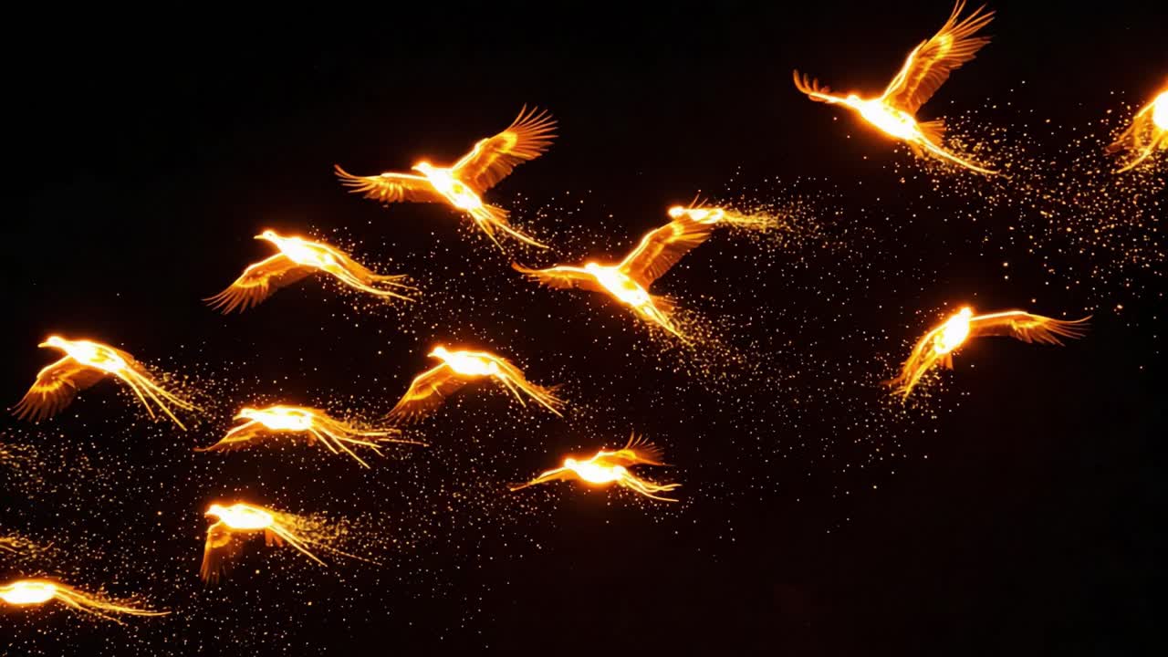 A Mesmerizing Display of Ethereal Birds Soaring Through the Night Sky, Illuminated with Glowing Flames and Sparkling Trails, Creating a Magical Visual Experience