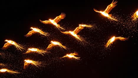 a mesmerizing display of ethereal birds soaring through the night sky, illuminated with glowing flames and sparkling trails, creating a magical visual experience