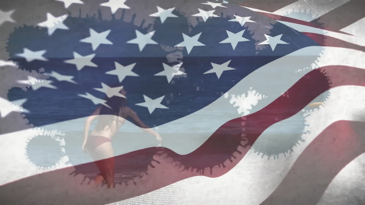 American flag animation overlaying people walking near water
