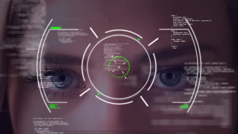 animación de procesamiento de datos digitales sobre la cara de una mujer caucásica
