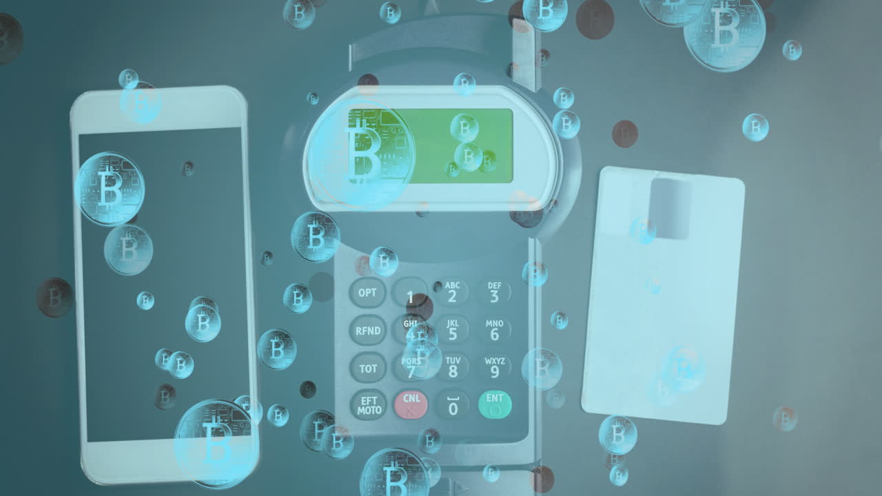 Animation of bitcoins over smartphone and payment terminal