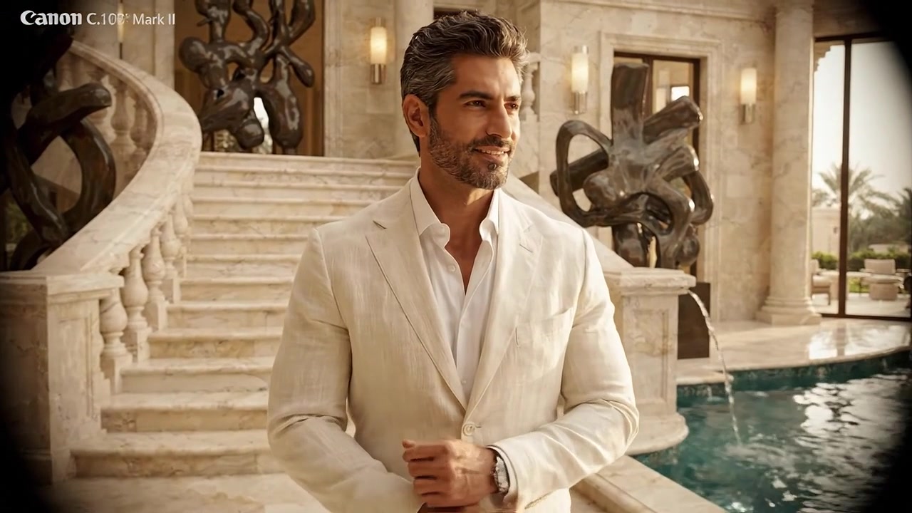 A Sophisticated Gentleman in a Stunning Architectural Setting Surrounded by Modern Art and Water Features, Elegantly Captured in Two Frames from a Video
