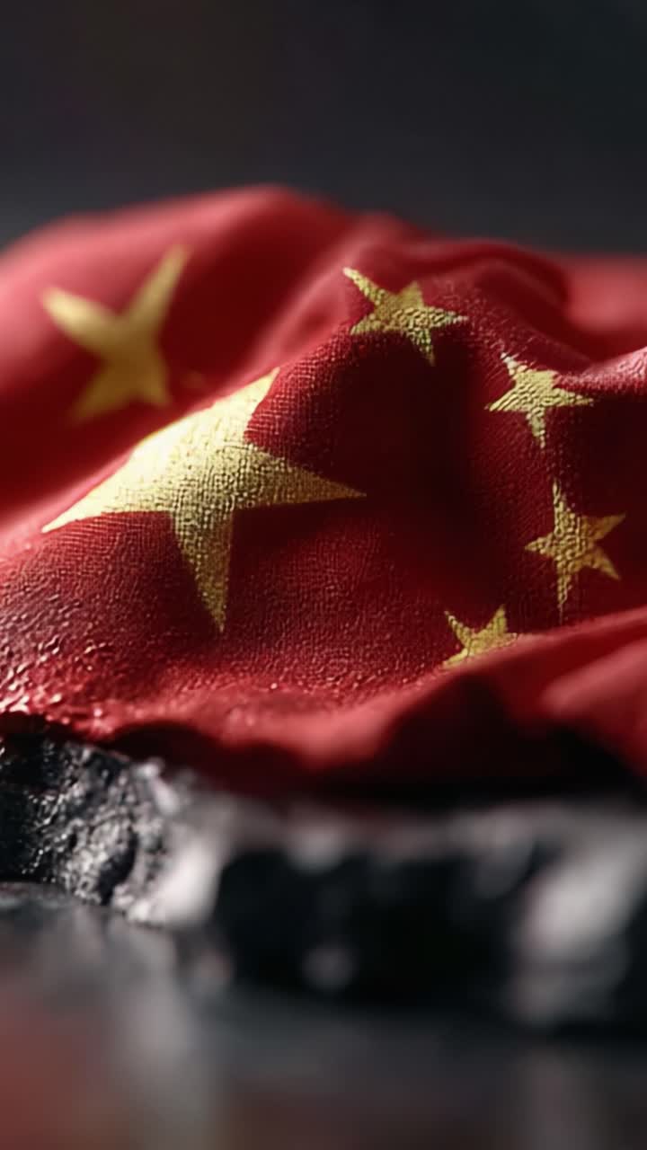 A Captivating Close-Up of a Crumpled Chinese Flag Set Against a Dark ...