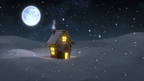 Animation-of-christmas-cottage-in-winter-landscape-at-night,-with-full-moon-and-falling-snow