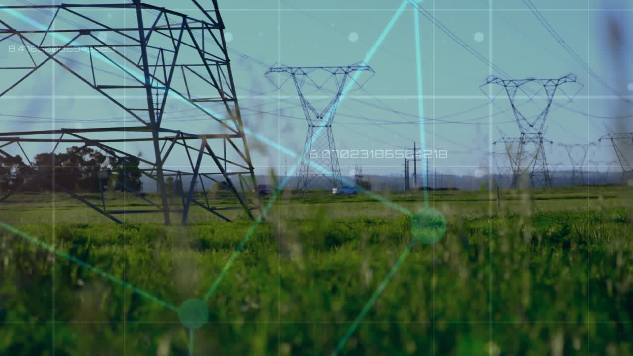 Animation of data processing and square over landscape with electricity pylons