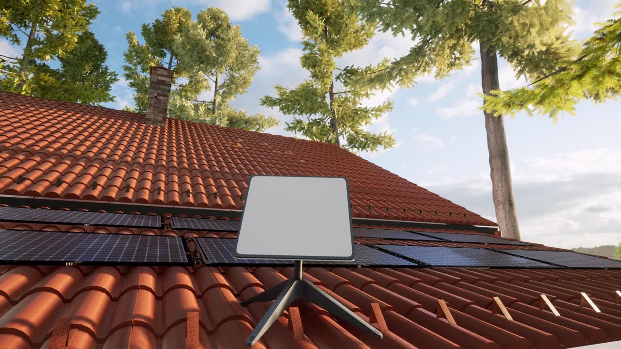 지붕에 태양광 패널과 위성 인터넷이 있는 현대적인 집