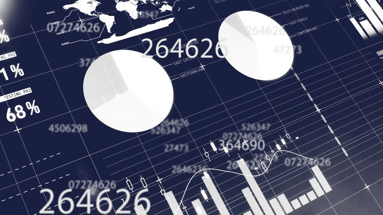 Financial data and charts animation over world map and numerical figures