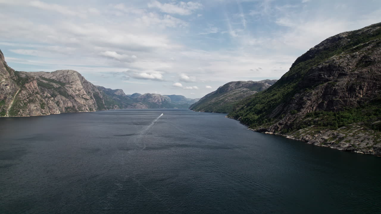 Aerial shot, panning over the water of Lysefjord, Norway