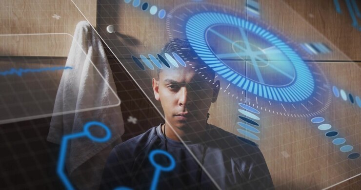 Blue HUD sweeping face initiating man raising, opening eyes, focusing on data, wood panel behind