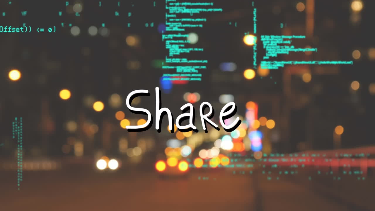 Animation of share text and data processing over cityscape
