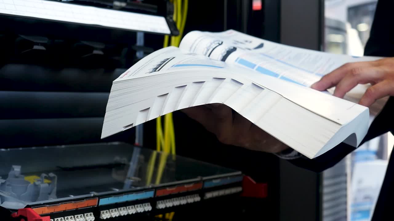 persona que lee el manual técnico en el centro de datos