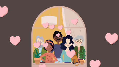 animación de una familia multigeneracional diversa sobre un fondo marrón con corazones
