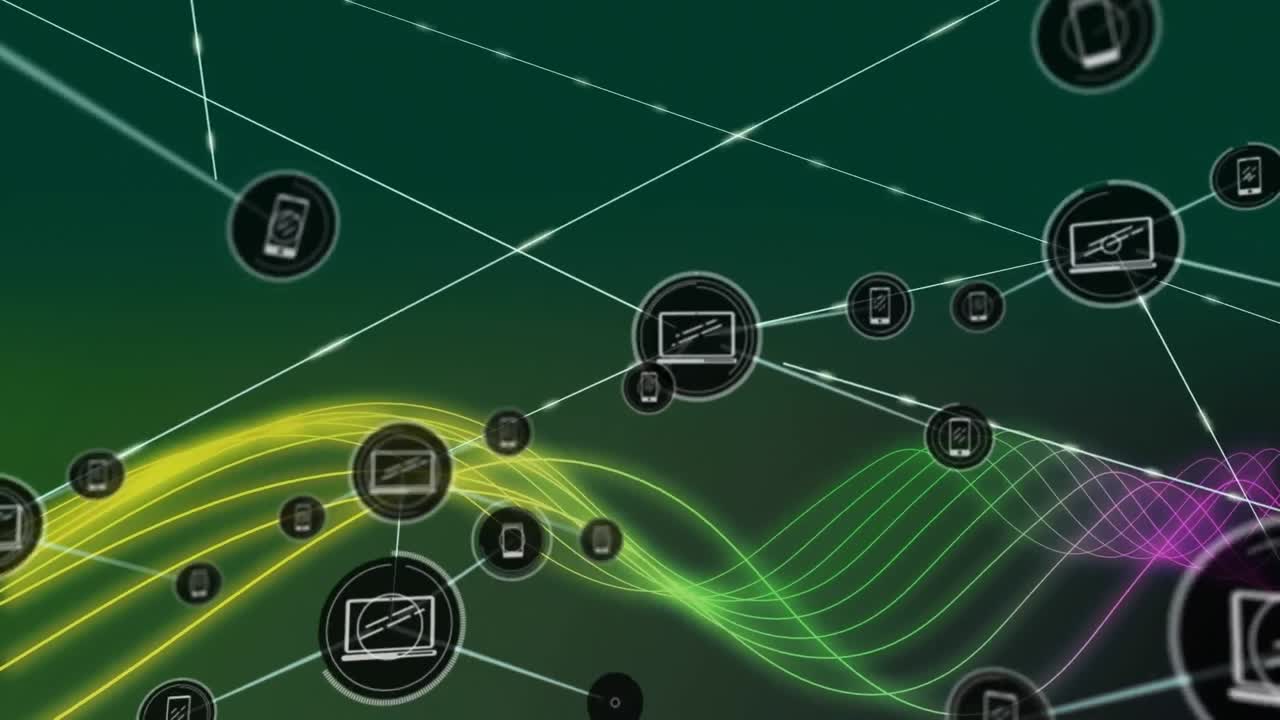 animación de una red de iconos digitales sobre una onda digital de neón contra un fondo verde
