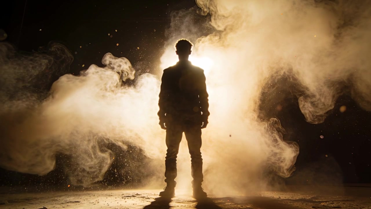 Hombre de pie con chaqueta y botas en el estudio, con luz de fondo encendida y humo arremolinándose para crear dramatismo.