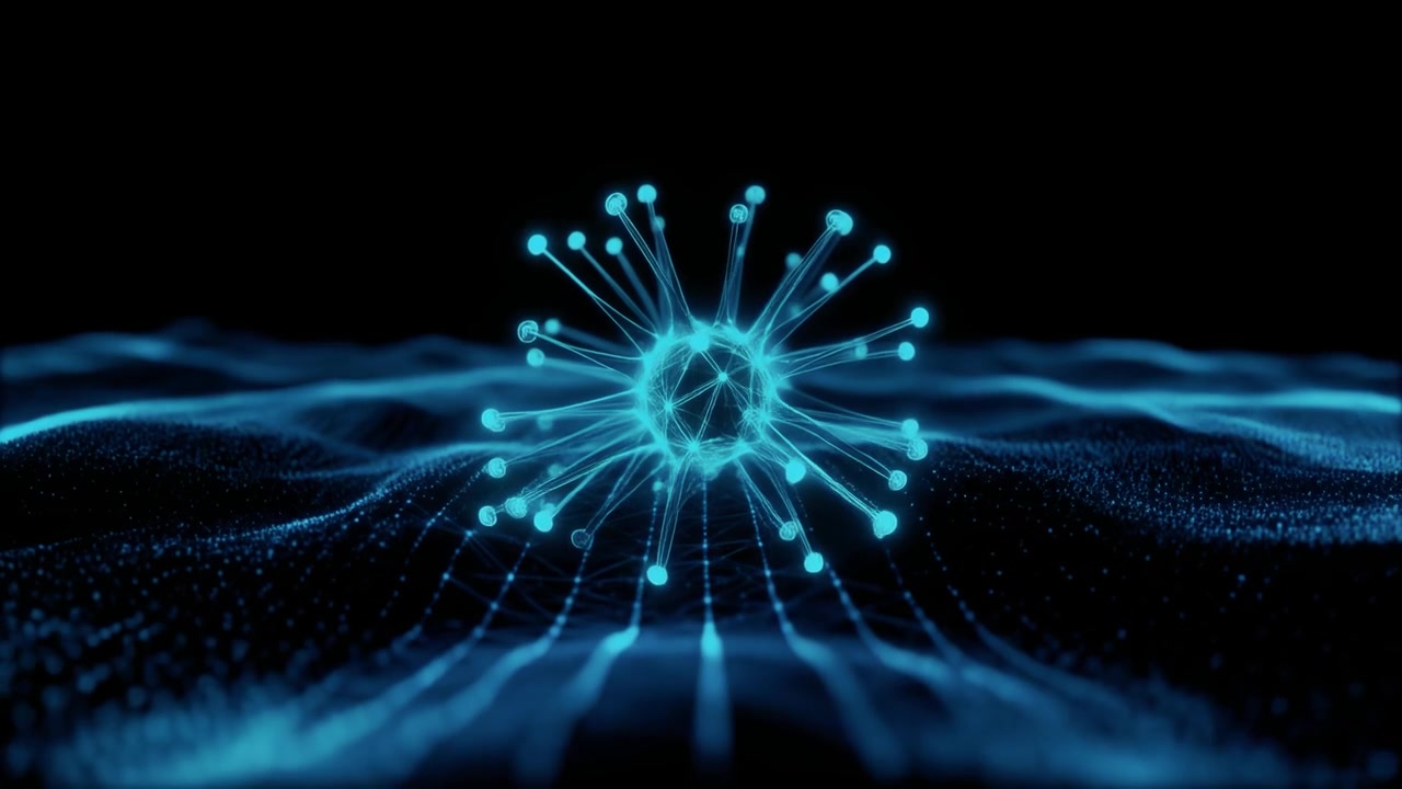 Glowing Blue Abstract Virus or Microorganism Rotating on Digital Surface