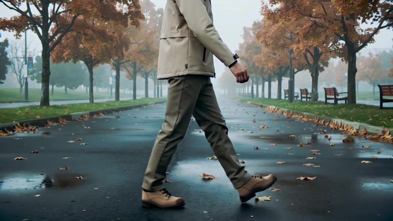 Walking man wearing tan jacket and trousers, crossing wet park road after rain, passing puddles
