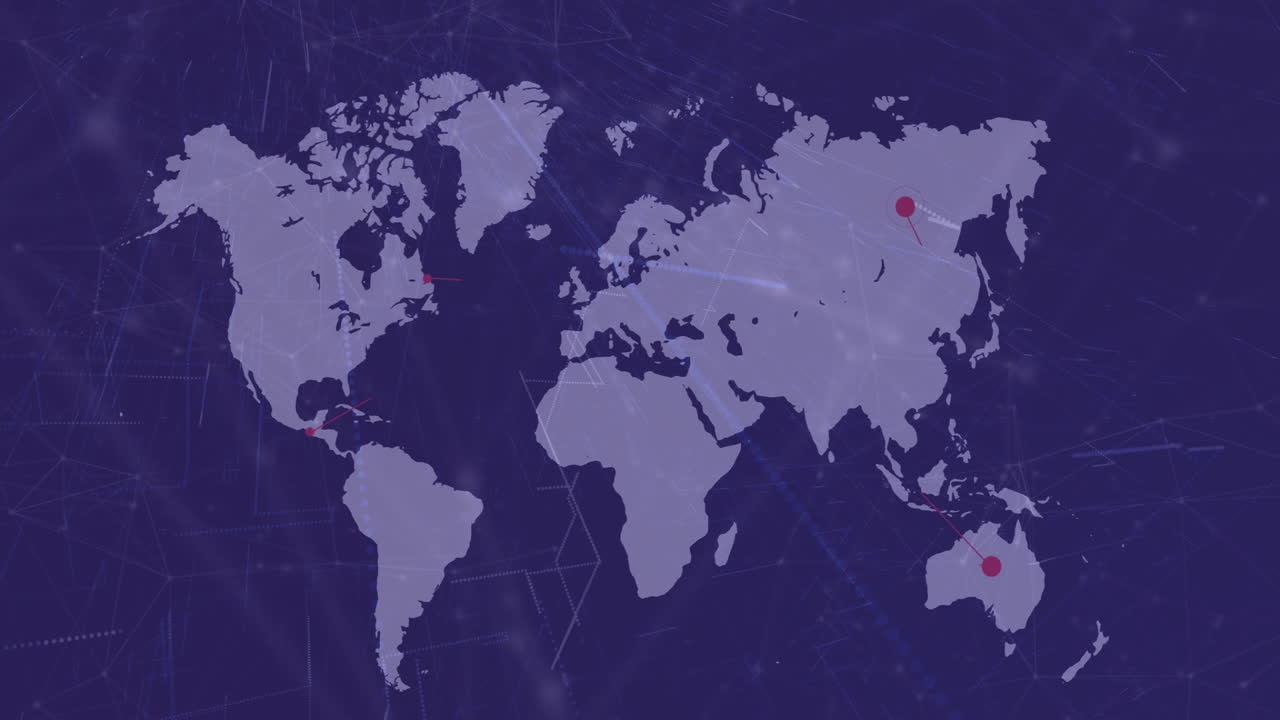 Animation of world map with red dots and lines showing global connections