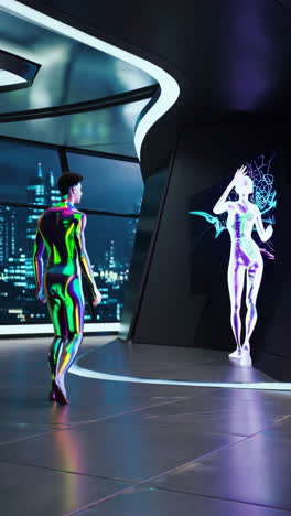 holographic figures in a futuristic cyberpunk city