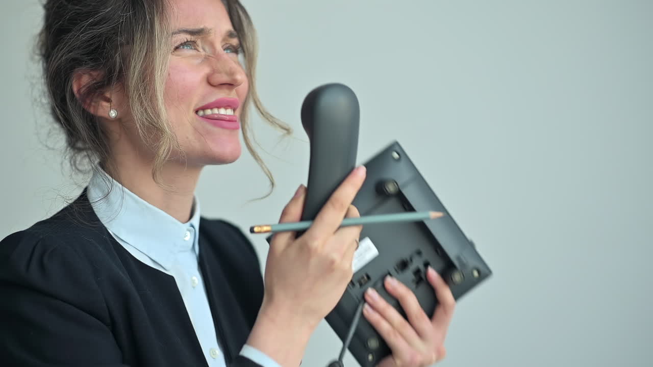 Angry businesswoman shouting into a telephone handset at work