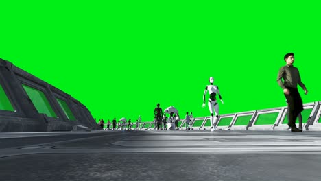 gente y robots. sci fi tonnel. tráfico futurista. concepto del futuro. imágenes de pantalla verde. animación realista en 4k.